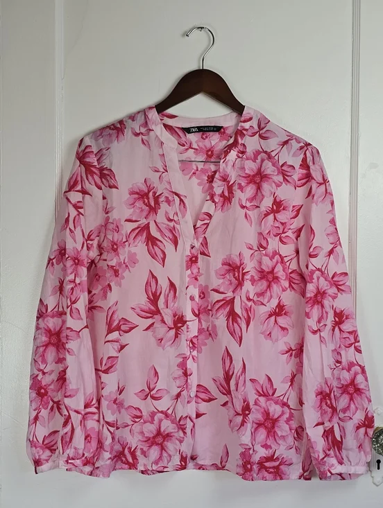 Zara Pink and Red Floral Cotton Blouse L - Picture 1 of 8